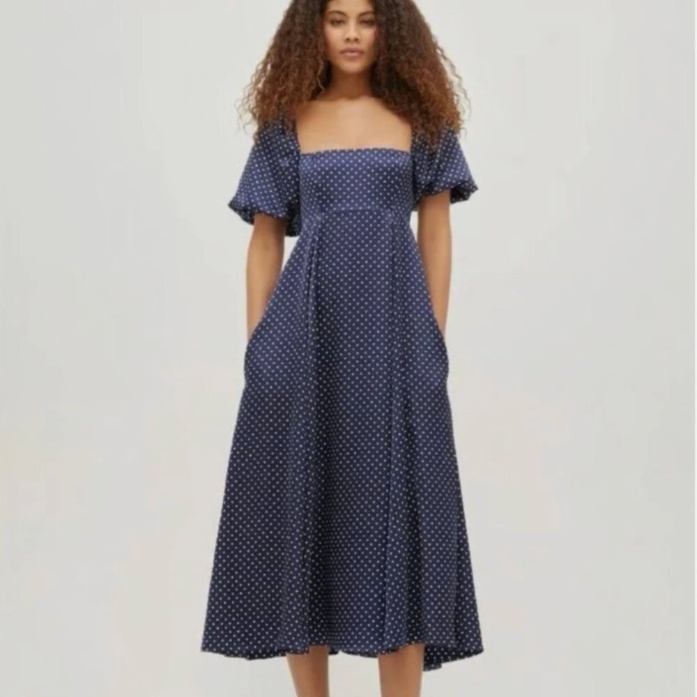 Hill House Matilda Nap Dress Polka Dot Satin Dress Navy